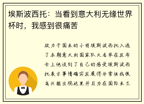 埃斯波西托：当看到意大利无缘世界杯时，我感到很痛苦