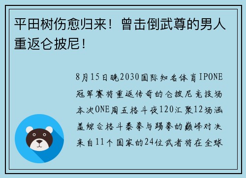 平田树伤愈归来！曾击倒武尊的男人重返仑披尼！